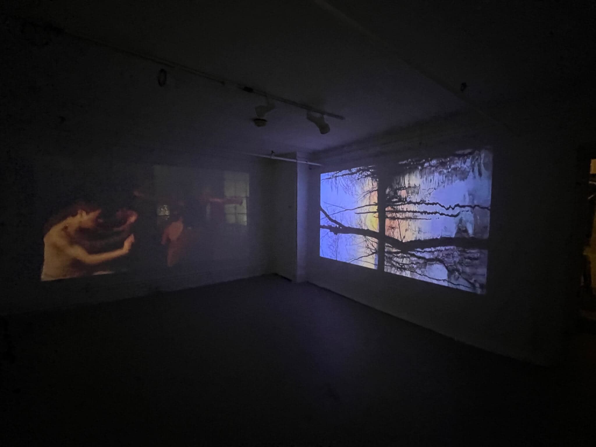 Multiple video works project on walls.